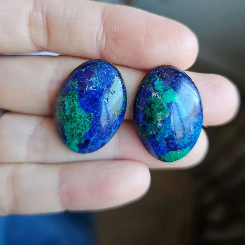 Natural Azurite Malachite Oval Cabochons 46.75 CT Matching Pair Loose Gemstones